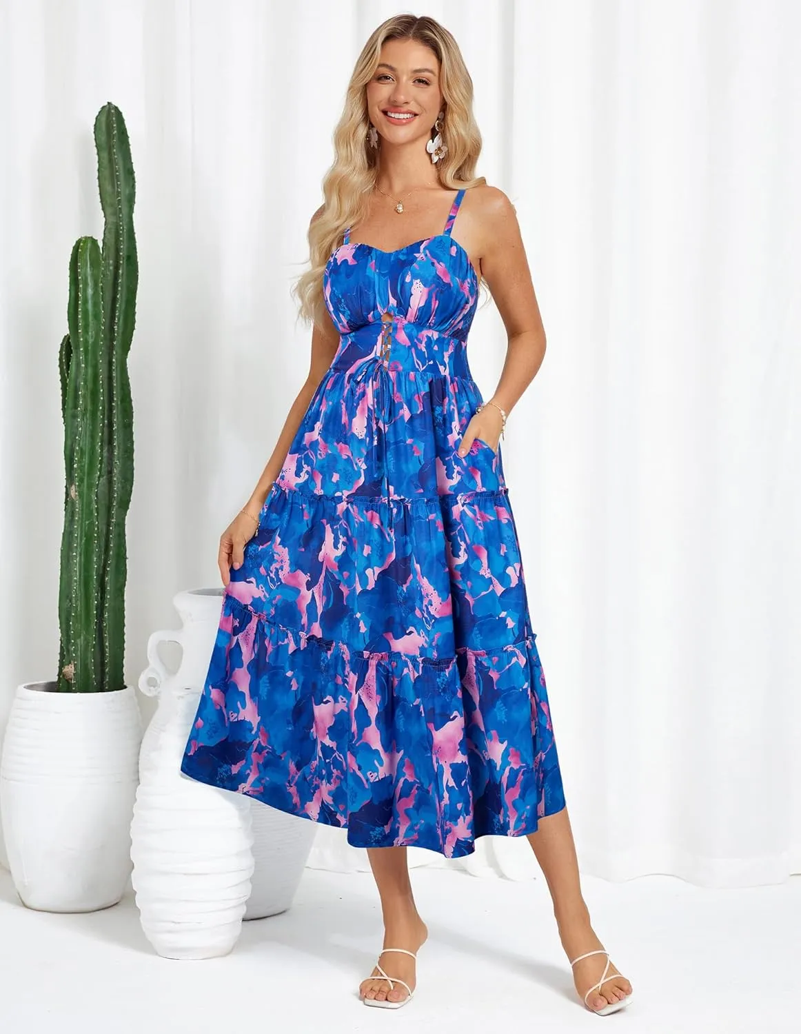 GRACE KARIN Women's Summer Floral Dress 2025 Spaghetti Strap Smocked Tiered Casual Boho Maxi Long Sundress with Pockets