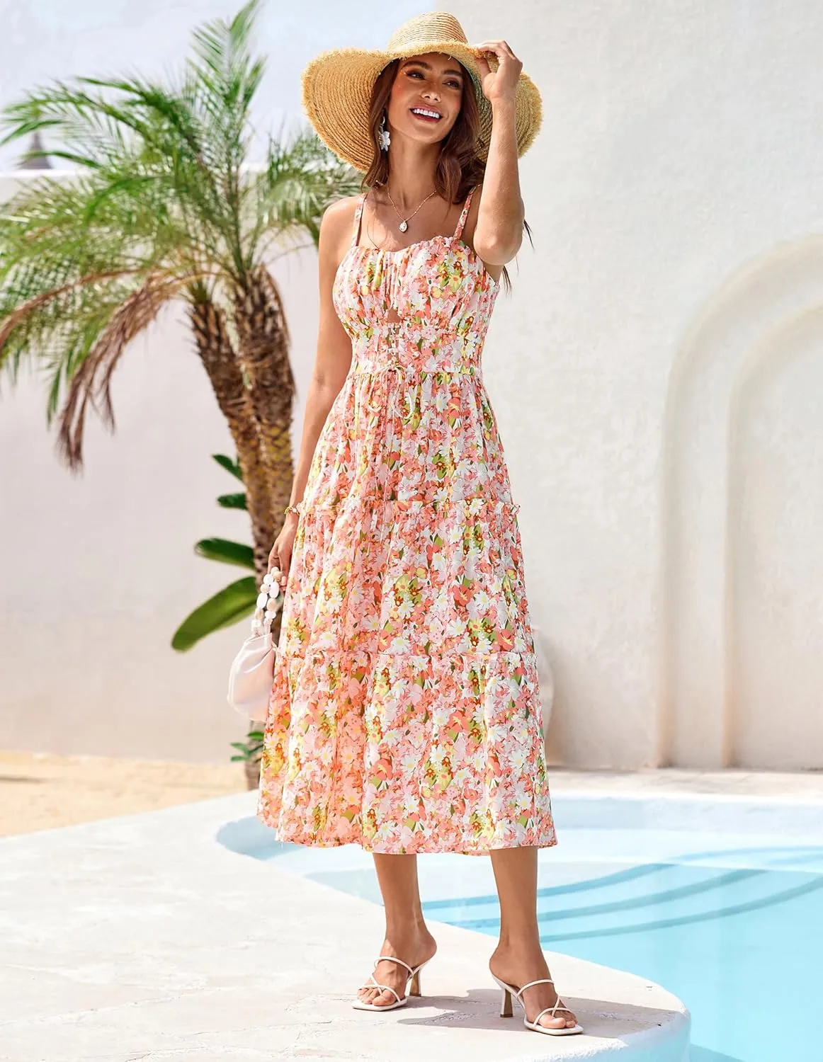 GRACE KARIN Women's Summer Floral Dress 2025 Spaghetti Strap Smocked Tiered Casual Boho Maxi Long Sundress with Pockets