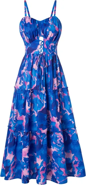 GRACE KARIN Women's Summer Floral Dress 2025 Spaghetti Strap Smocked Tiered Casual Boho Maxi Long Sundress with Pockets