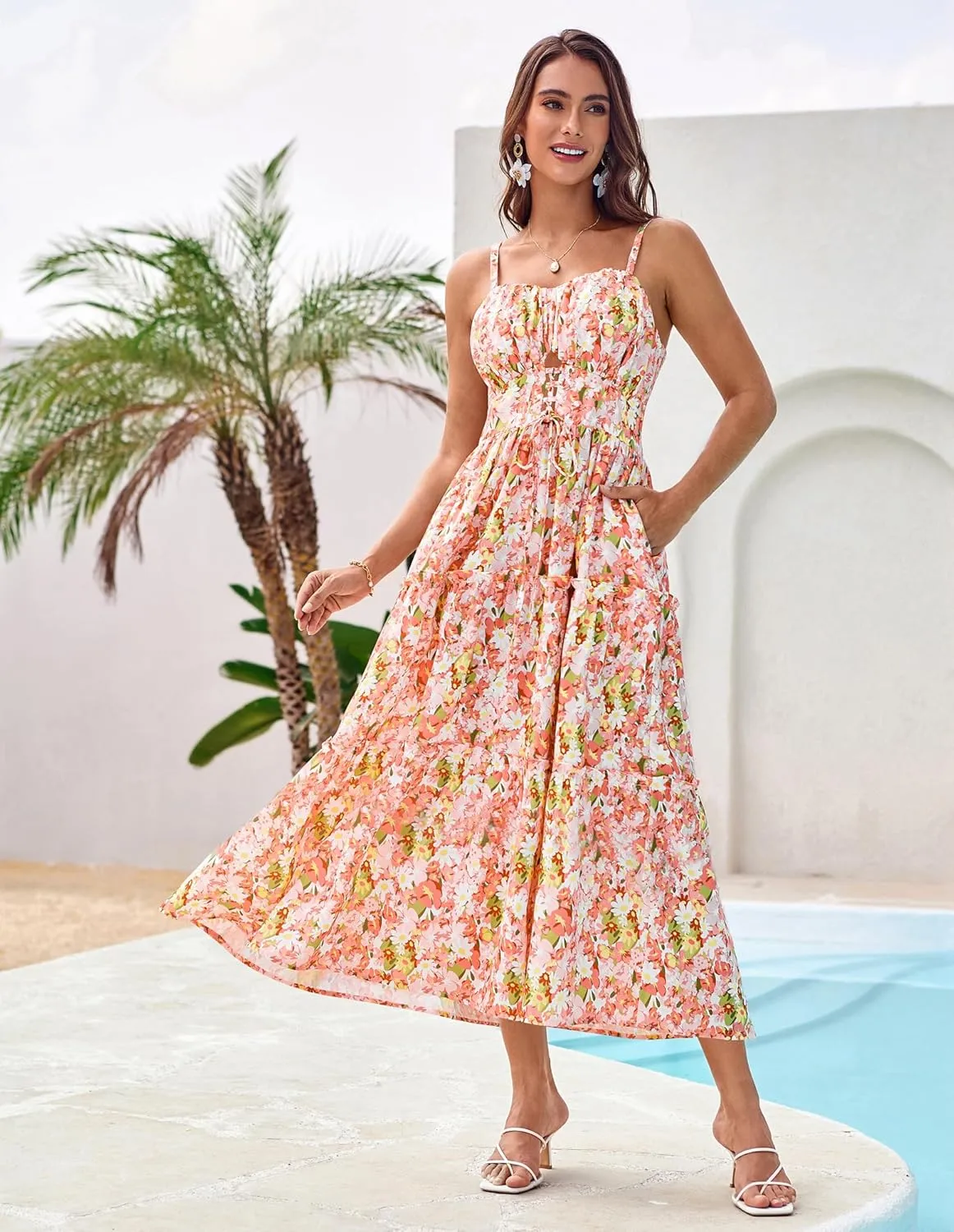 GRACE KARIN Women's Summer Floral Dress 2025 Spaghetti Strap Smocked Tiered Casual Boho Maxi Long Sundress with Pockets