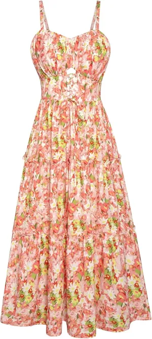GRACE KARIN Women's Summer Floral Dress 2025 Spaghetti Strap Smocked Tiered Casual Boho Maxi Long Sundress with Pockets