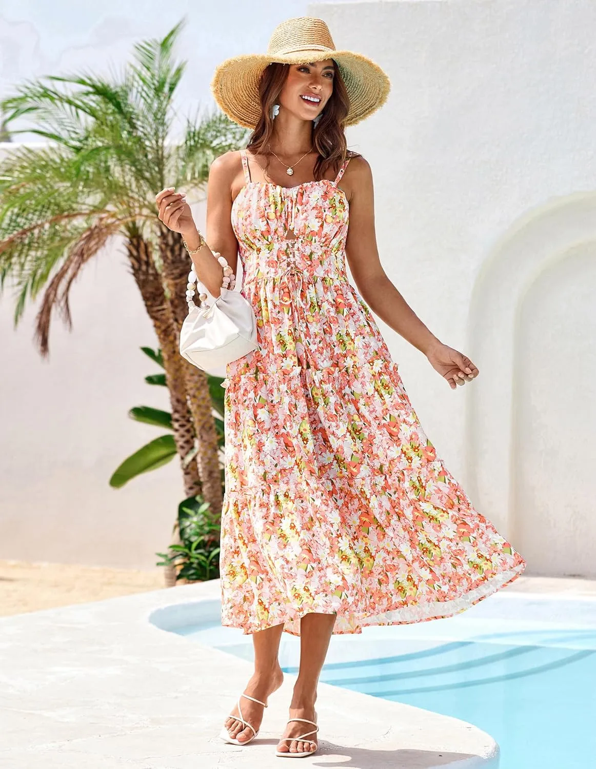 GRACE KARIN Women's Summer Floral Dress 2025 Spaghetti Strap Smocked Tiered Casual Boho Maxi Long Sundress with Pockets