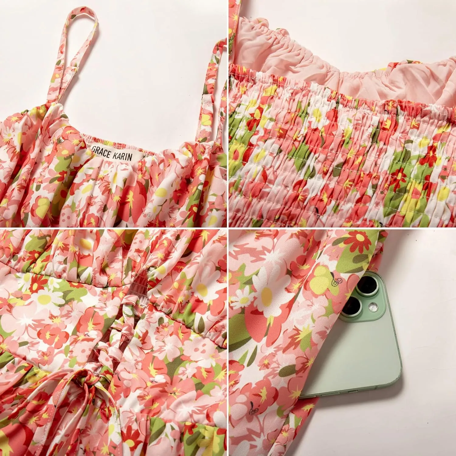 GRACE KARIN Women's Summer Floral Dress 2025 Spaghetti Strap Smocked Tiered Casual Boho Maxi Long Sundress with Pockets
