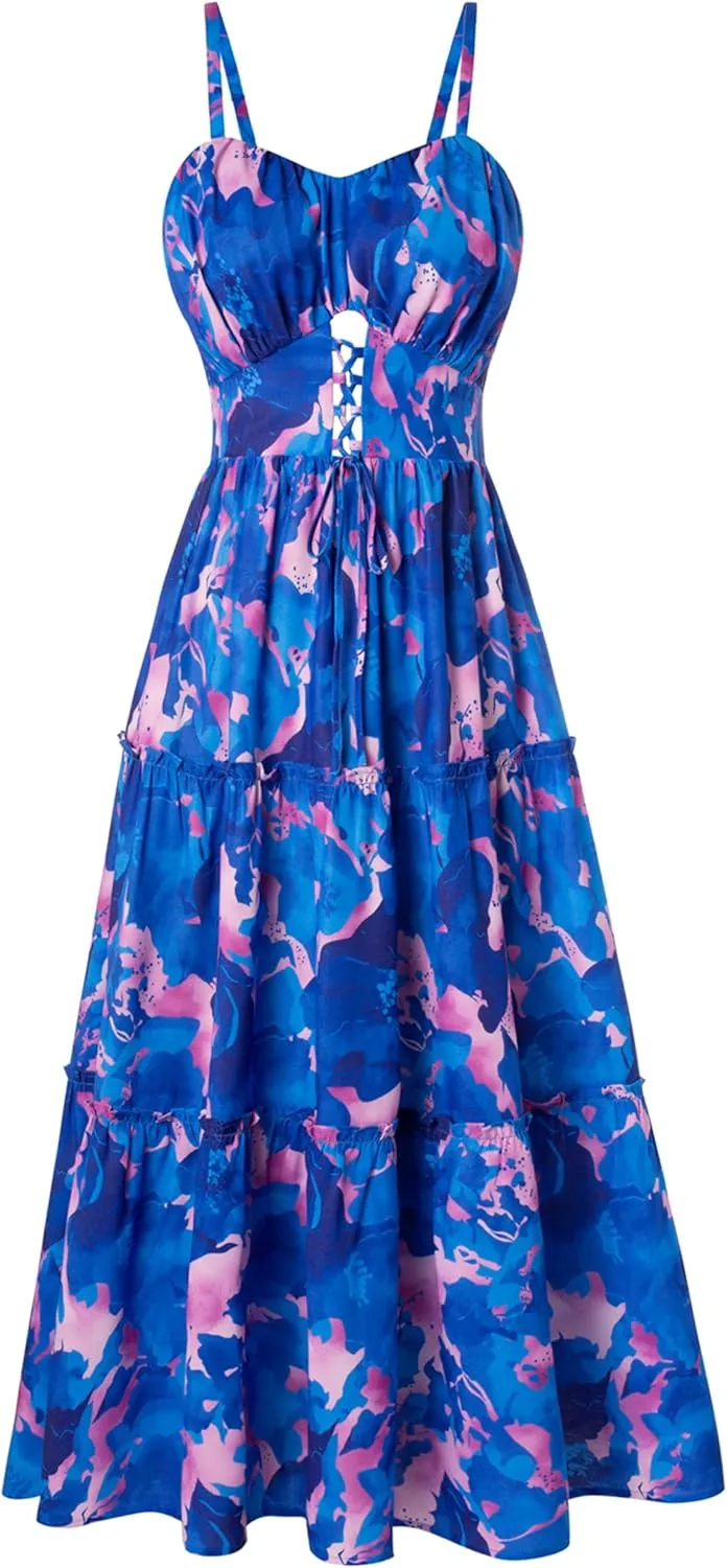 GRACE KARIN Women's Summer Floral Dress 2025 Spaghetti Strap Smocked Tiered Casual Boho Maxi Long Sundress with Pockets