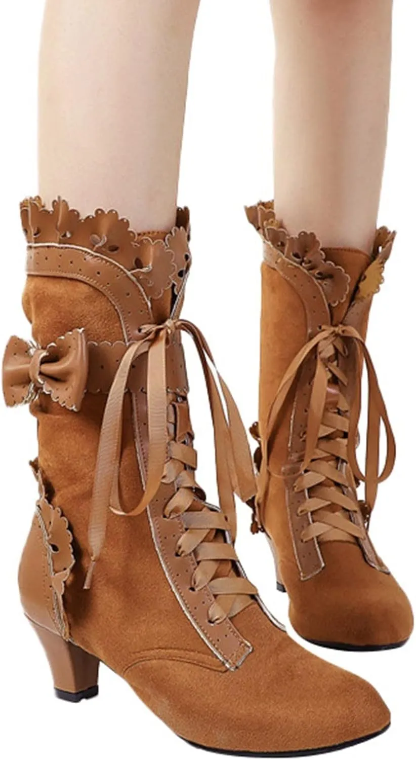 Halloween Boots for Women Women Vintage Victorian Boots 70s Lace Up Mid Calf Renaissance Boots Fall Winter Boots