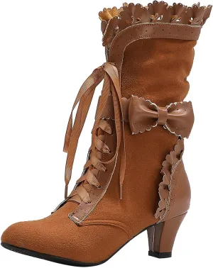Halloween Boots for Women Women Vintage Victorian Boots 70s Lace Up Mid Calf Renaissance Boots Fall Winter Boots