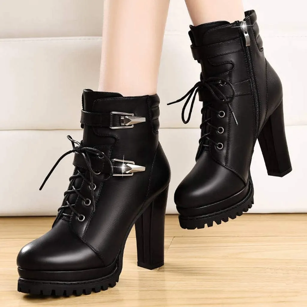 Hbeylia Platform High Heels Boots For Women Ladies Fashion Metal Buckle Lace Up Zipper Chunky Pump Ankle Booties Non Slip Wedge Block Heels Dressy Short Combat Riding Boots Winter Shoes