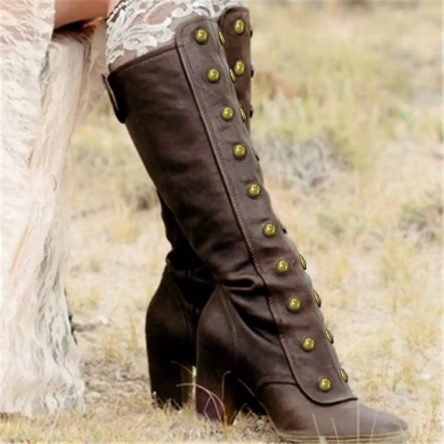 Hbeylia Rivet Goth Knee High Boots For Women Fashion Punk Gothic Studded Chunky High Heels Dressy Pump Tall Boots Winter Lolita Dress Boots For Ladies Bride Wedding Halloween Christmas Party