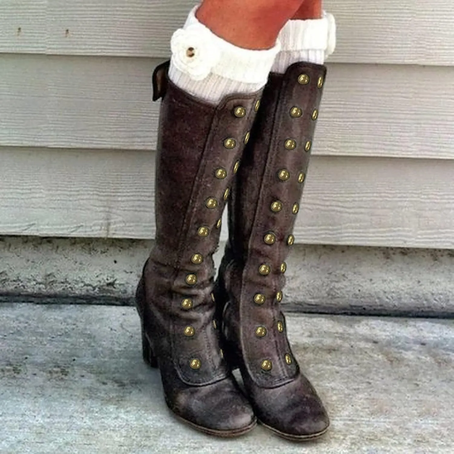 Hbeylia Rivet Goth Knee High Boots For Women Fashion Punk Gothic Studded Chunky High Heels Dressy Pump Tall Boots Winter Lolita Dress Boots For Ladies Bride Wedding Halloween Christmas Party