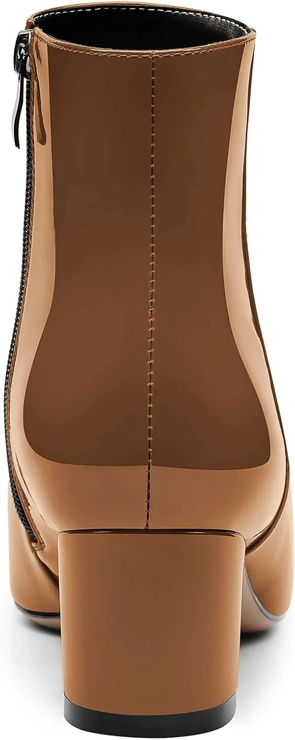 HDEUOLM Women Chunky Block Heel Pointed Toe Ankle Boots Short Bootie Zipper Slip-on Classic Dress Boots 2.0 Inches Heels