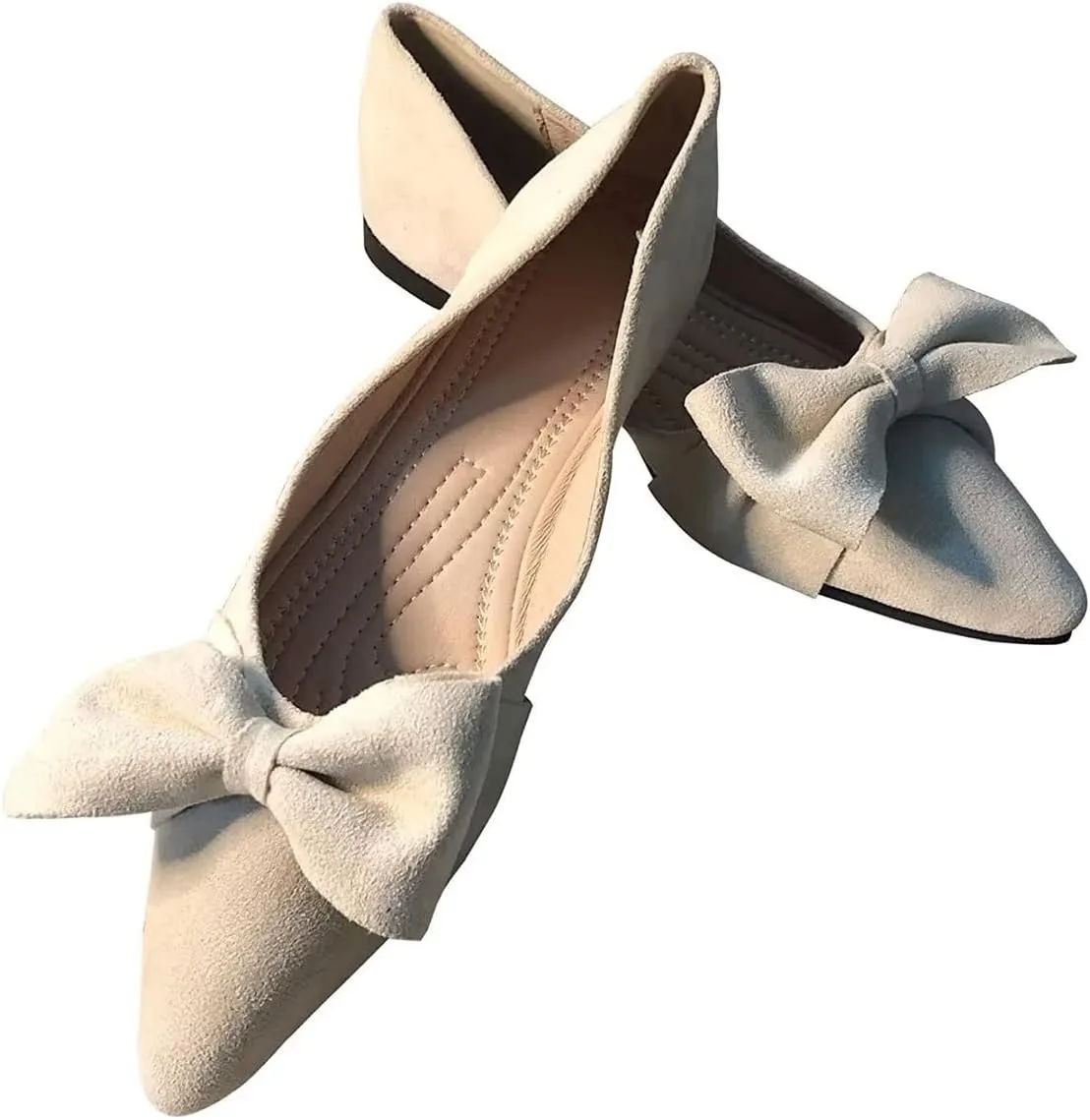Hee grand Bowknot Pointed Toe Ballet Flats for Women Comfort Slip-On Work Flats Suede Solid Dress Shoes