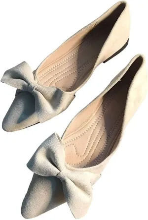 Hee grand Bowknot Pointed Toe Ballet Flats for Women Comfort Slip-On Work Flats Suede Solid Dress Shoes