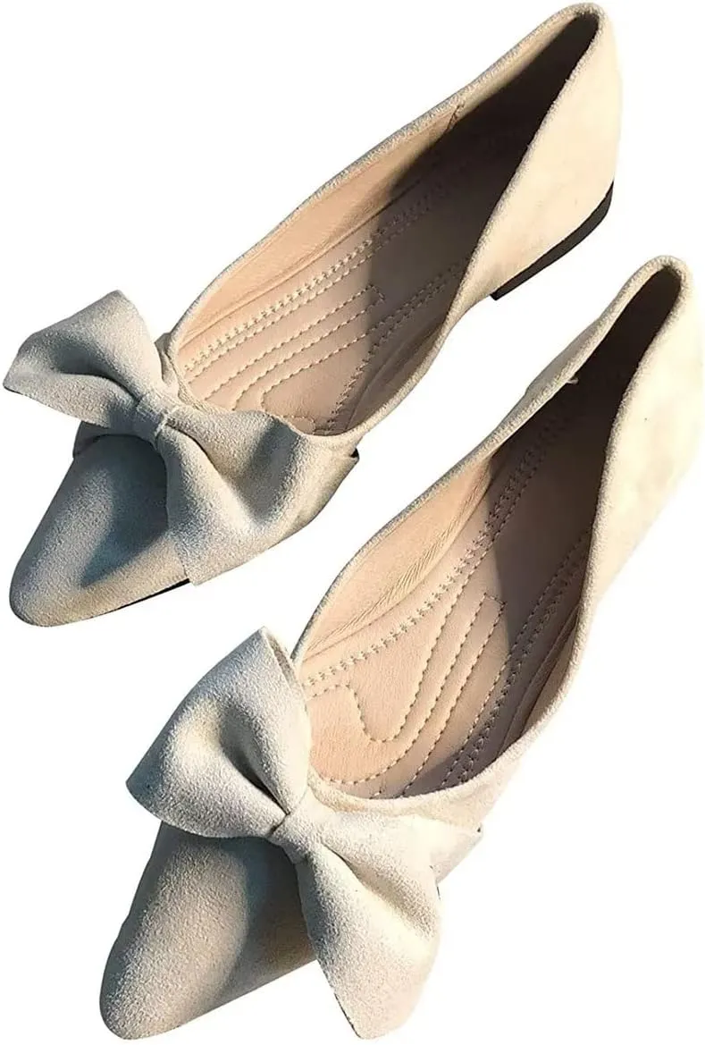 Hee grand Bowknot Pointed Toe Ballet Flats for Women Comfort Slip-On Work Flats Suede Solid Dress Shoes