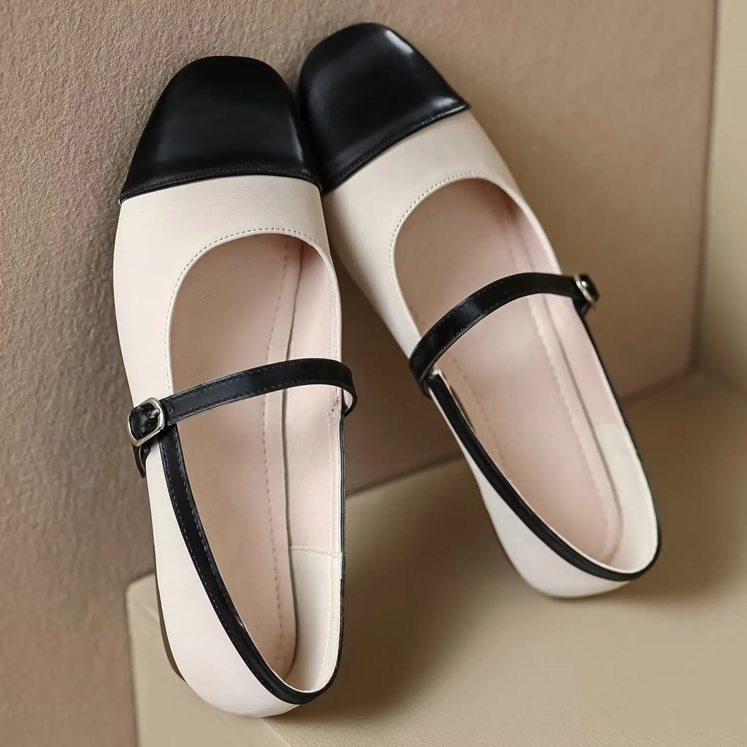 Hee grand Leather Mary Jane Shoes for Women Dressy Square Toe Ballet Flats with Strap Comfortable Walking Shoes Soft Leather Dress Shoes