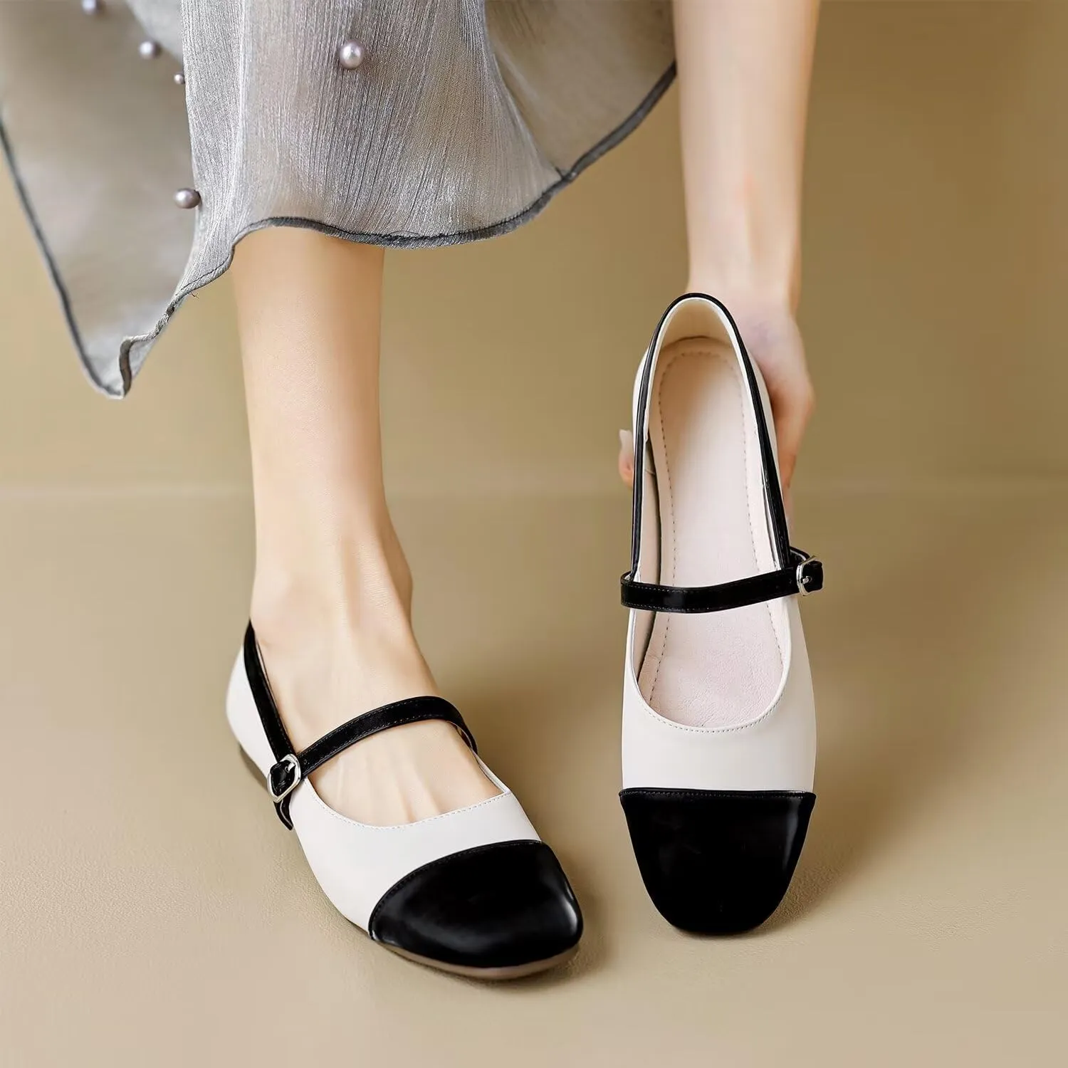 Hee grand Leather Mary Jane Shoes for Women Dressy Square Toe Ballet Flats with Strap Comfortable Walking Shoes Soft Leather Dress Shoes