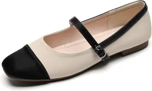 Hee grand Leather Mary Jane Shoes for Women Dressy Square Toe Ballet Flats with Strap Comfortable Walking Shoes Soft Leather Dress Shoes