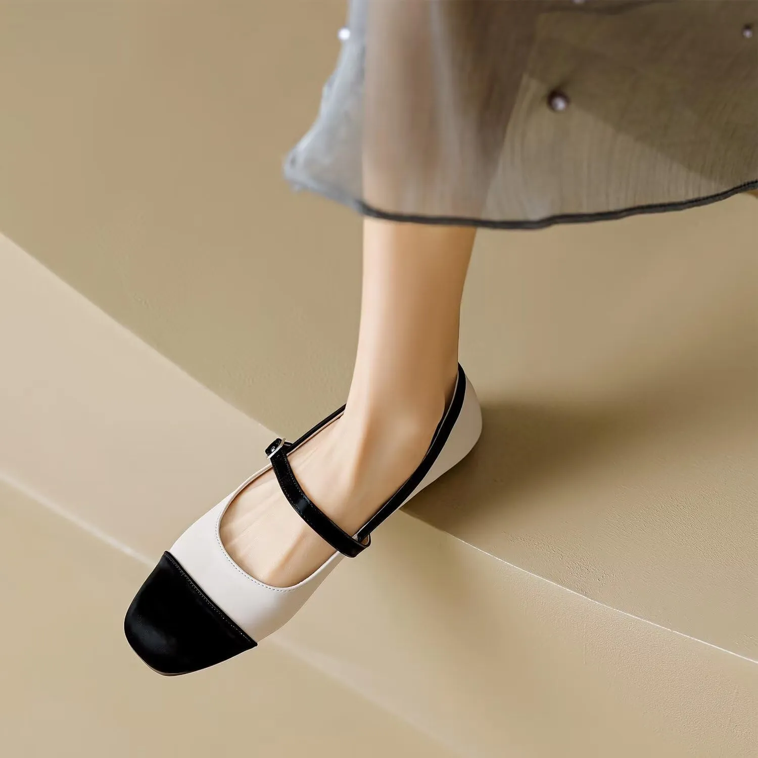 Hee grand Leather Mary Jane Shoes for Women Dressy Square Toe Ballet Flats with Strap Comfortable Walking Shoes Soft Leather Dress Shoes