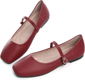 Hee grand Leather Mary Jane Shoes for Women Dressy Square Toe Ballet Flats with Strap Comfortable Walking Shoes Soft Leather Dress Shoes