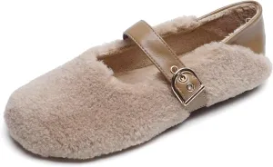 Hee grand Winter Faux Fleece Cozy Flats for Women Fur Lining Warm Fuzzy Soft Flats Anti-Slip Sole Indoor/Outdoor