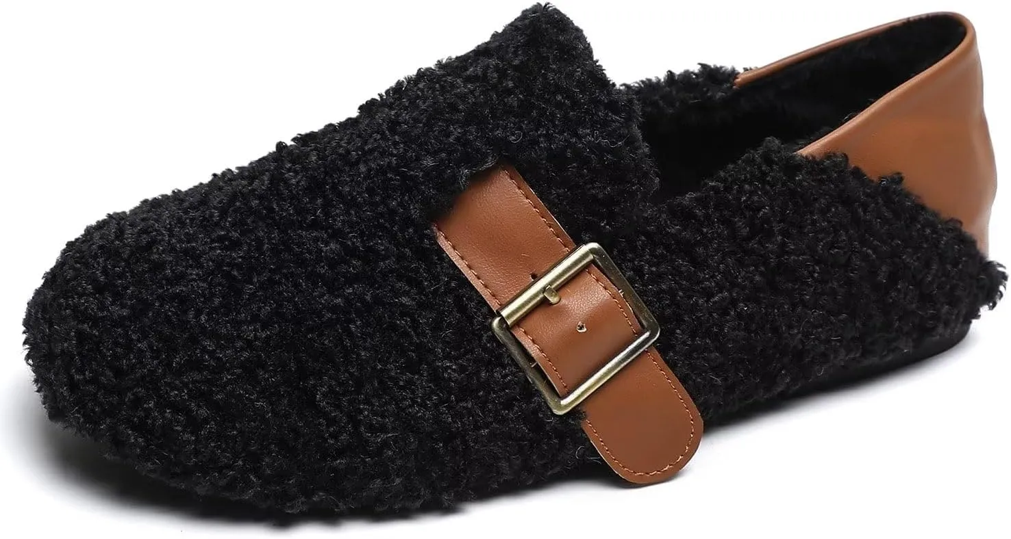 Hee grand Winter Faux Fleece Cozy Flats for Women Fur Lining Warm Fuzzy Soft Flats Anti-Slip Sole Indoor/Outdoor