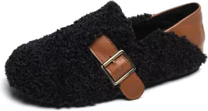 Hee grand Winter Faux Fleece Cozy Flats for Women Fur Lining Warm Fuzzy Soft Flats Anti-Slip Sole Indoor/Outdoor