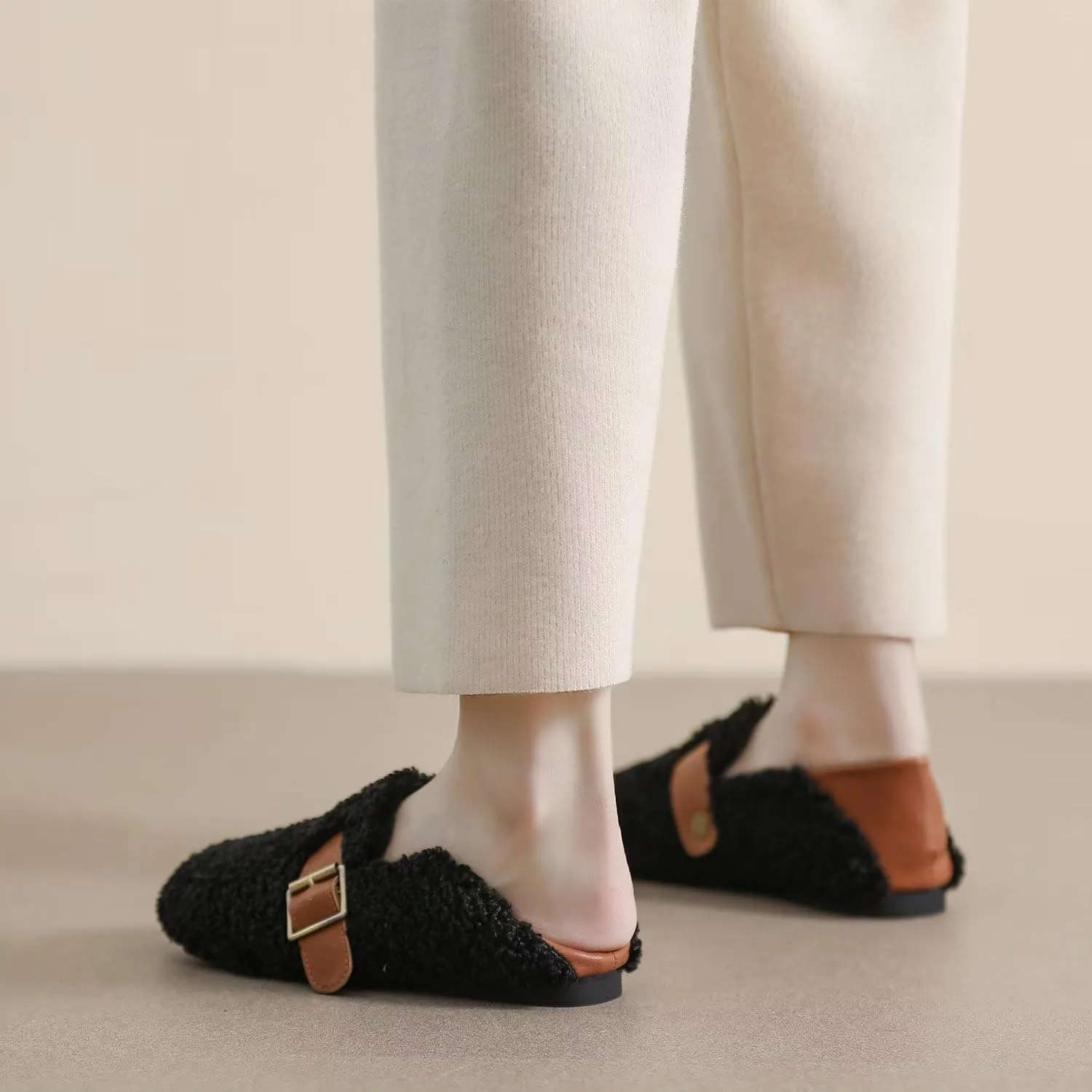 Hee grand Winter Faux Fleece Cozy Flats for Women Fur Lining Warm Fuzzy Soft Flats Anti-Slip Sole Indoor/Outdoor