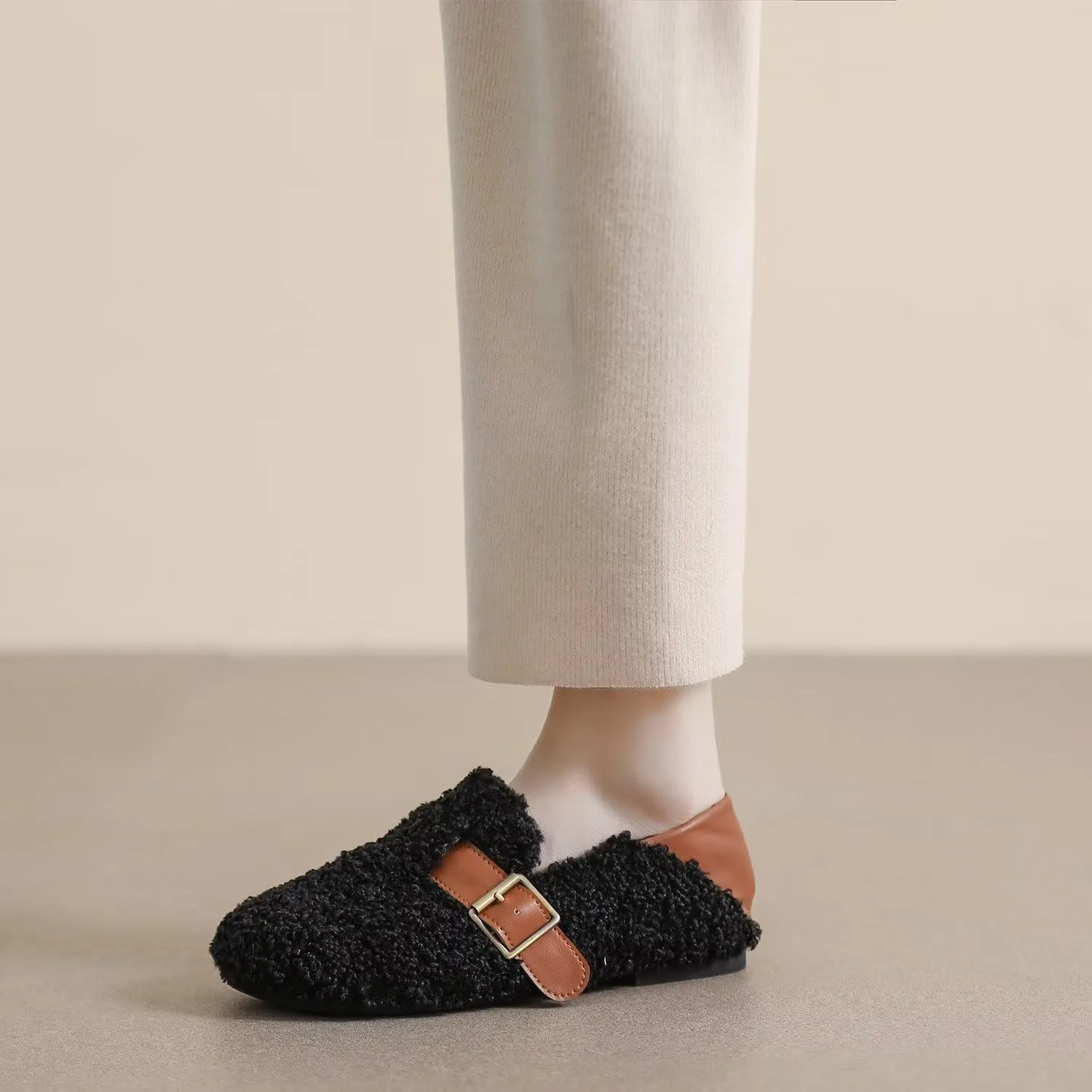 Hee grand Winter Faux Fleece Cozy Flats for Women Fur Lining Warm Fuzzy Soft Flats Anti-Slip Sole Indoor/Outdoor