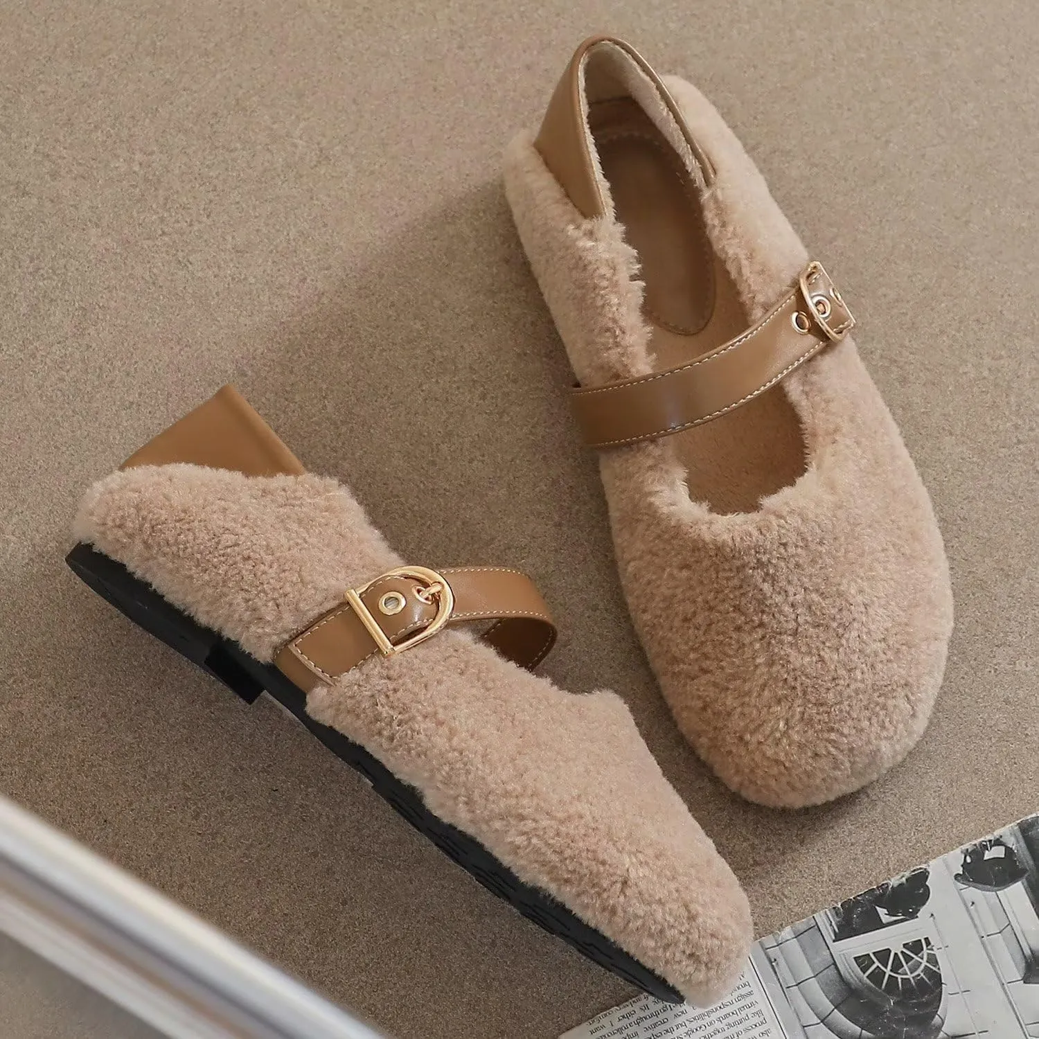 Hee grand Winter Faux Fleece Cozy Flats for Women Fur Lining Warm Fuzzy Soft Flats Anti-Slip Sole Indoor/Outdoor