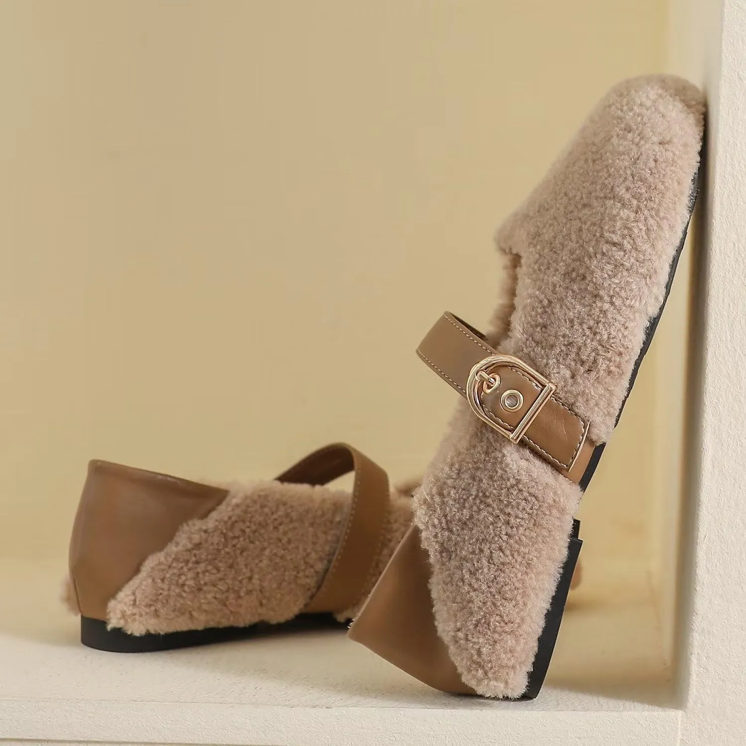 Hee grand Winter Faux Fleece Cozy Flats for Women Fur Lining Warm Fuzzy Soft Flats Anti-Slip Sole Indoor/Outdoor