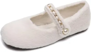 Hee grand Winter Plush Mary Jane Shoes for Women Fuzzy Warm Cozy Flats Comfy Anti-Slip Soft Fur Flats