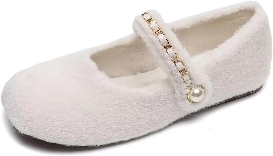 Hee grand Winter Plush Mary Jane Shoes for Women Fuzzy Warm Cozy Flats Comfy Anti-Slip Soft Fur Flats