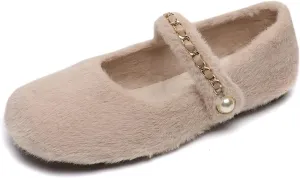 Hee grand Winter Plush Mary Jane Shoes for Women Fuzzy Warm Cozy Flats Comfy Anti-Slip Soft Fur Flats