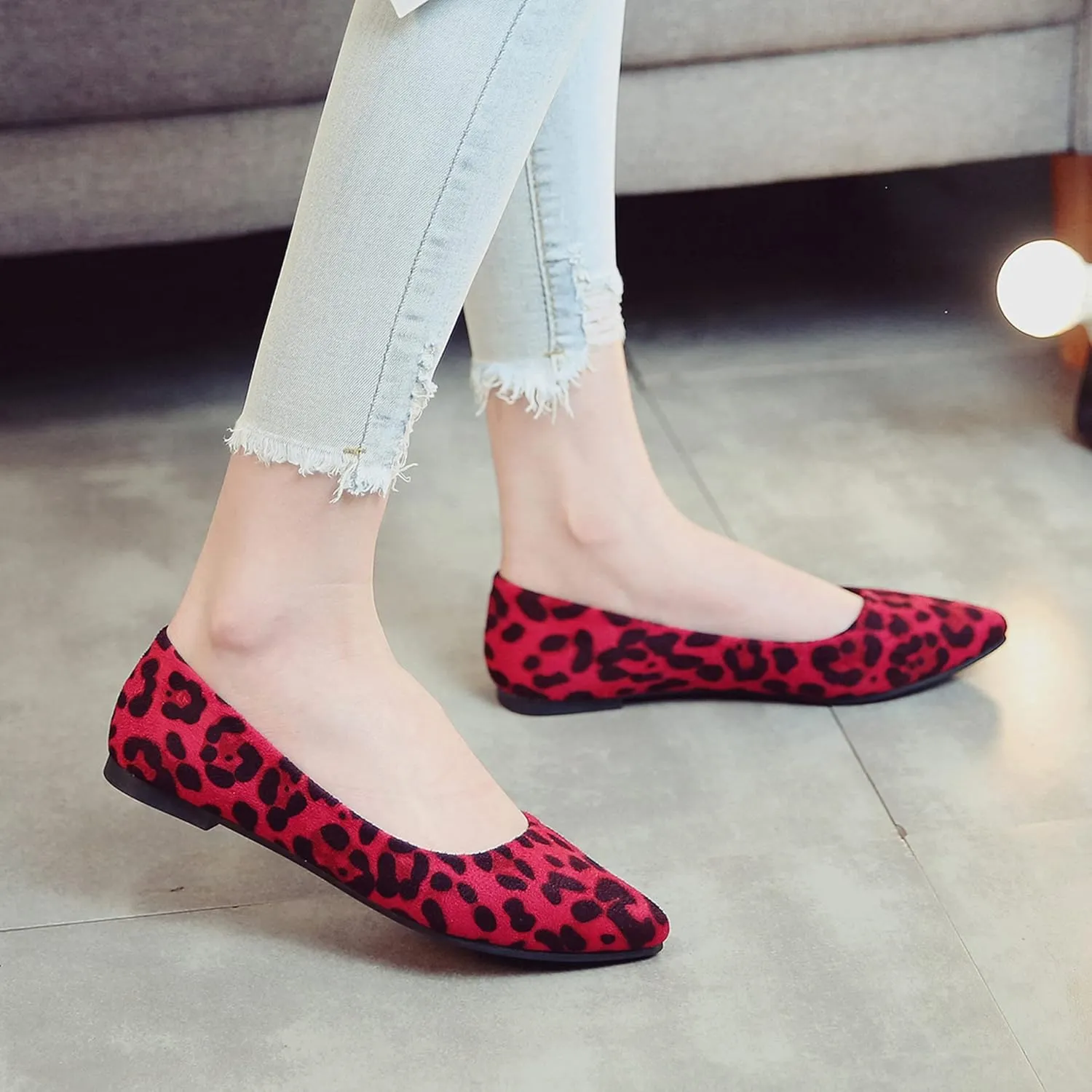 Hee grand Women's Leopard Suede Ballet Flats Pointy Toe Shallow Slip on Loafers Comfortable Walking Shoes Fashion Christmas Dress Shoes