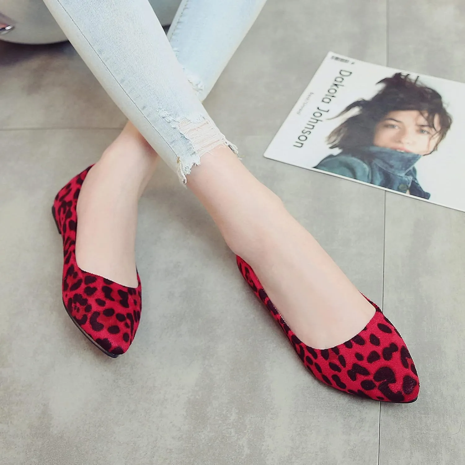 Hee grand Women's Leopard Suede Ballet Flats Pointy Toe Shallow Slip on Loafers Comfortable Walking Shoes Fashion Christmas Dress Shoes