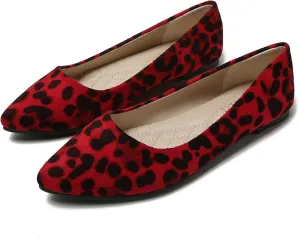 Hee grand Women's Leopard Suede Ballet Flats Pointy Toe Shallow Slip on Loafers Comfortable Walking Shoes Fashion Christmas Dress Shoes