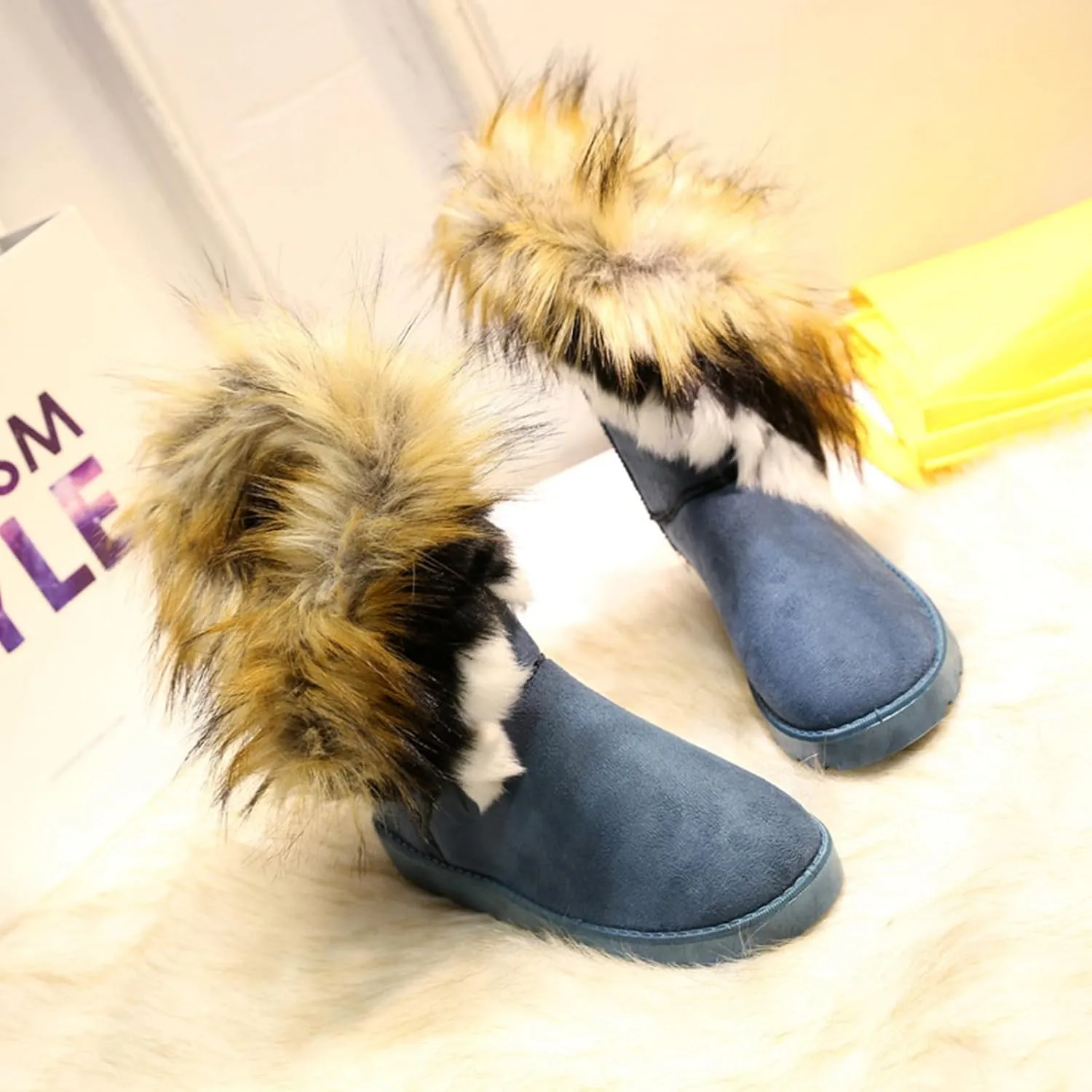 HINDOLA Warm Fur Boots for Women Winter Faux Fur Tassel Shoes Plush Snow Boots Ankle Booties Faux Suede Boots Anti Slip Outdoor Indoor Flat Shoes