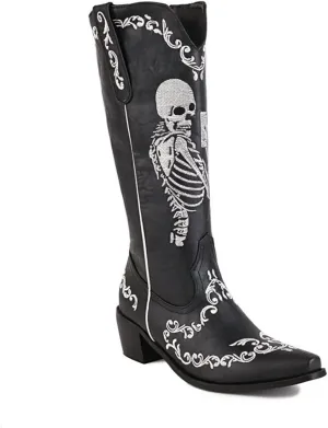 HINDOLA Women's Cowgirl Boots Skull Embroidery Cowboy Mid Calf Boots Western Chunky Block Heel Fashion Pull-On Retro Boots
