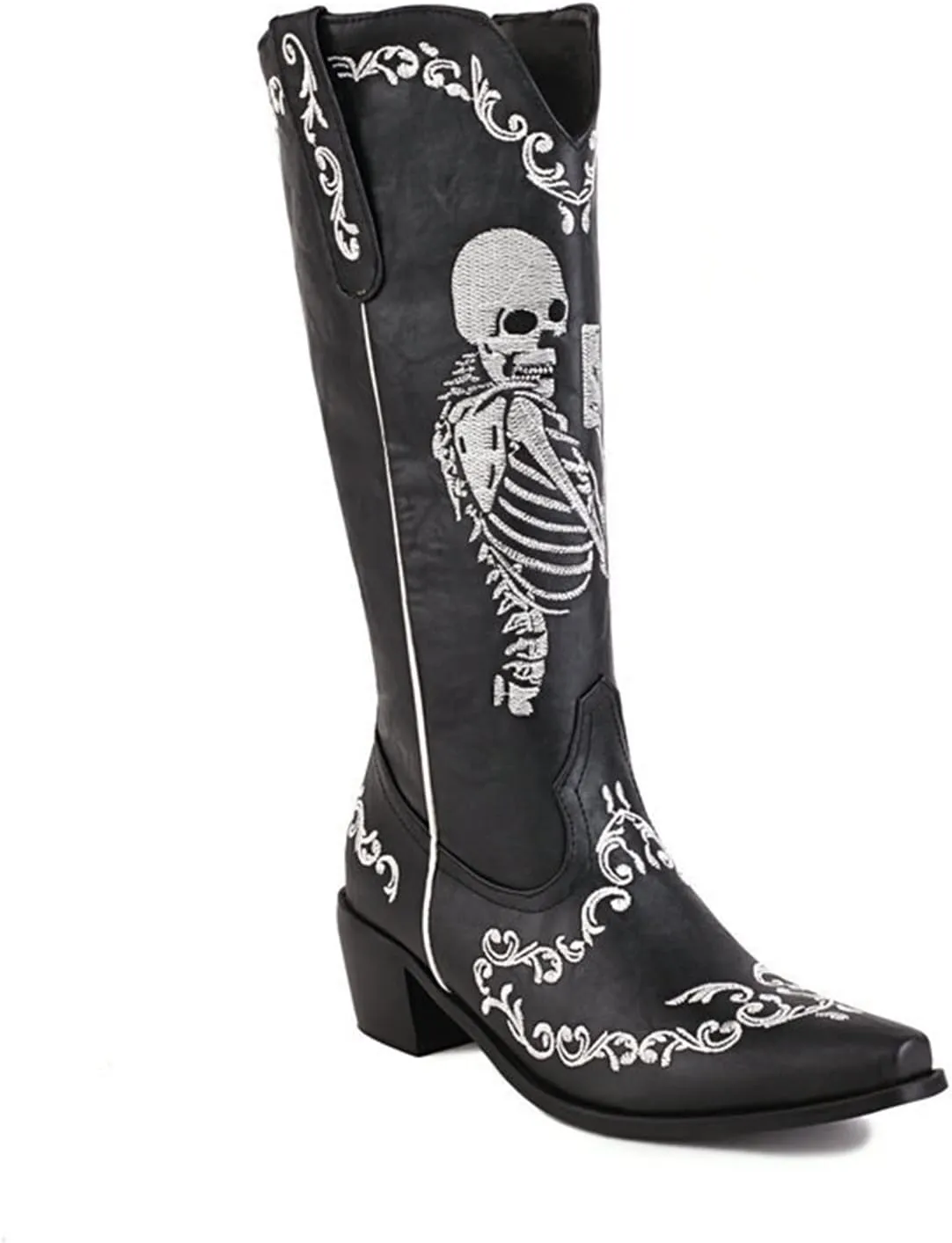 HINDOLA Women's Cowgirl Boots Skull Embroidery Cowboy Mid Calf Boots Western Chunky Block Heel Fashion Pull-On Retro Boots
