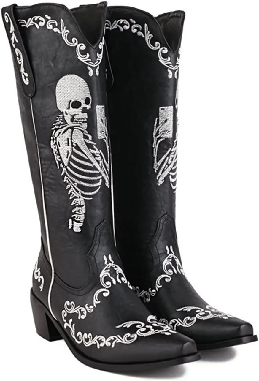 HINDOLA Women's Cowgirl Boots Skull Embroidery Cowboy Mid Calf Boots Western Chunky Block Heel Fashion Pull-On Retro Boots