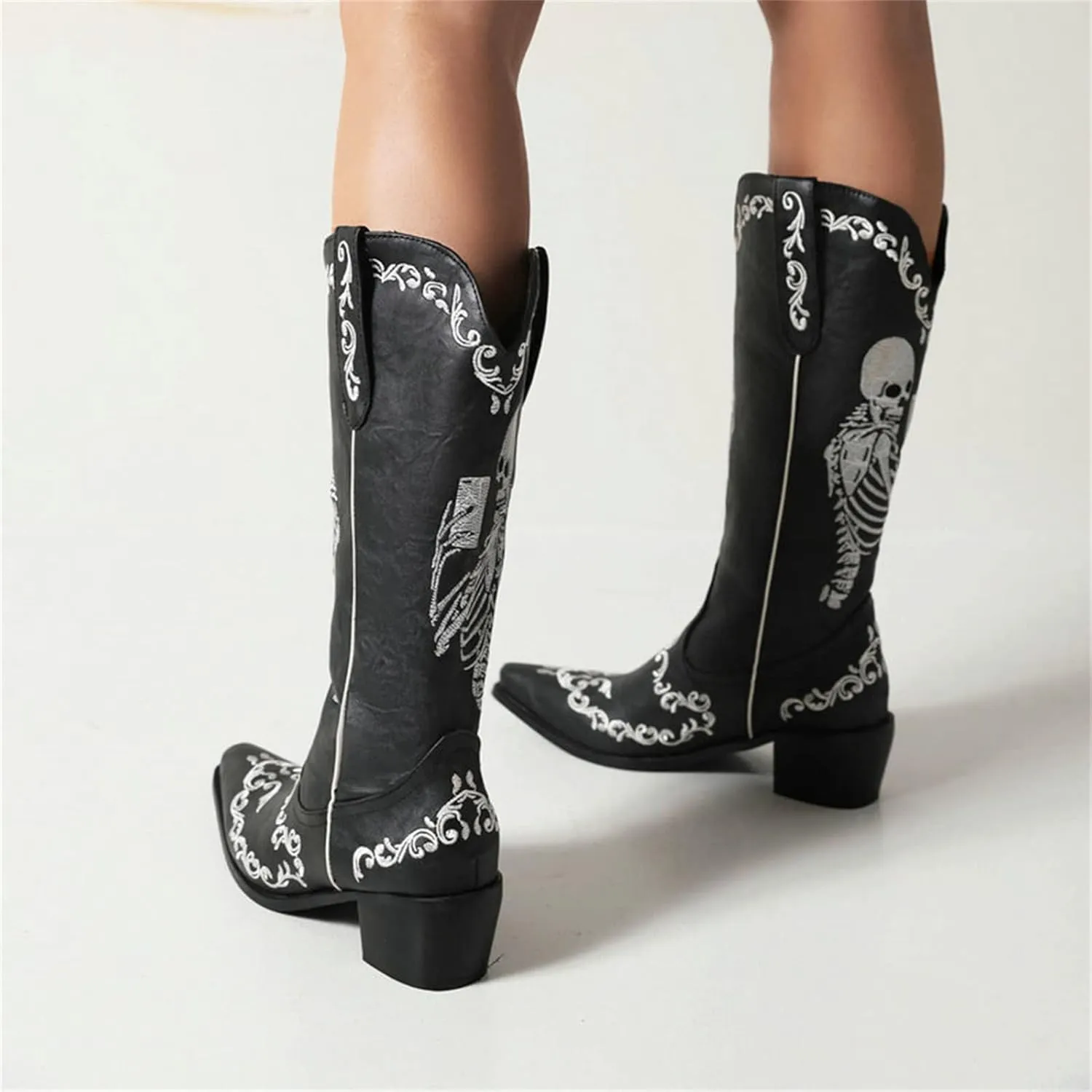 HINDOLA Women's Cowgirl Boots Skull Embroidery Cowboy Mid Calf Boots Western Chunky Block Heel Fashion Pull-On Retro Boots