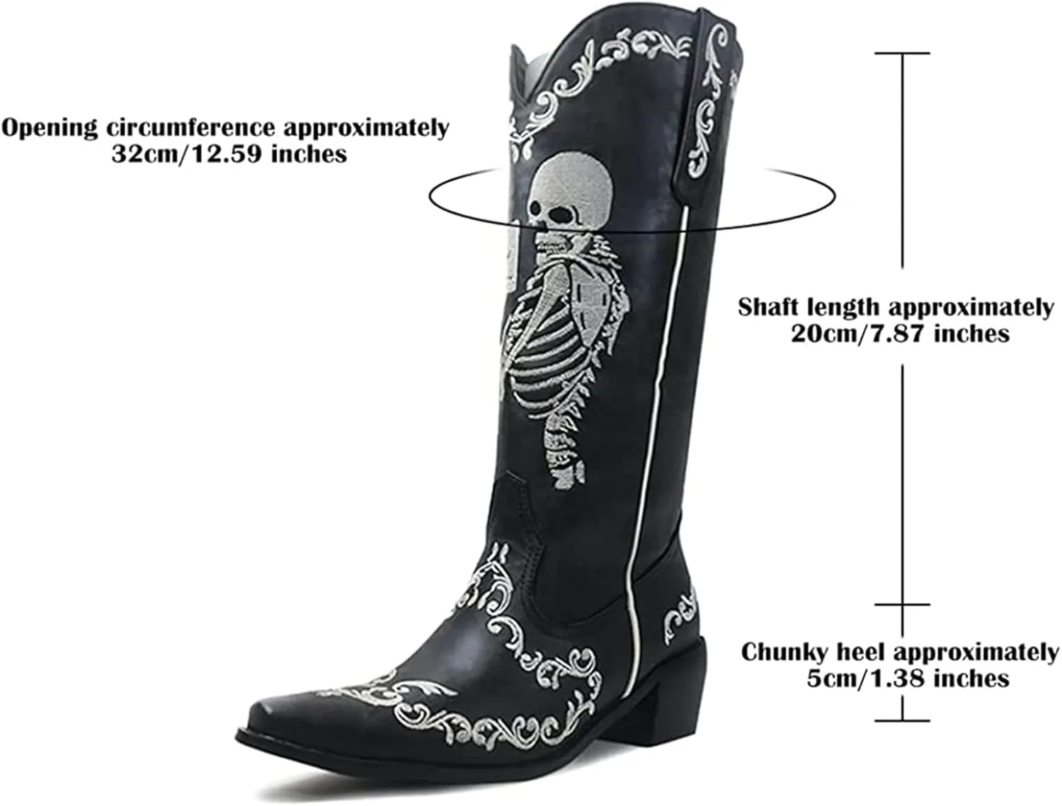 HINDOLA Women's Cowgirl Boots Skull Embroidery Cowboy Mid Calf Boots Western Chunky Block Heel Fashion Pull-On Retro Boots