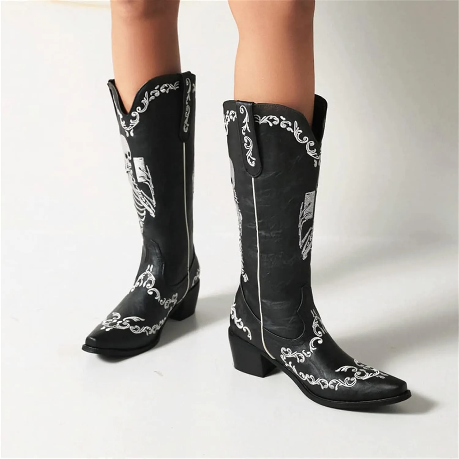 HINDOLA Women's Cowgirl Boots Skull Embroidery Cowboy Mid Calf Boots Western Chunky Block Heel Fashion Pull-On Retro Boots