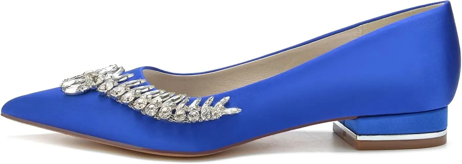 HNVAVQ Women's Wedding Flats Shoes Pointed Toe Comfortable Satin Bridal Shoes Formal Prom Party Dress Pumps Sandals with Rhinestone for Bride