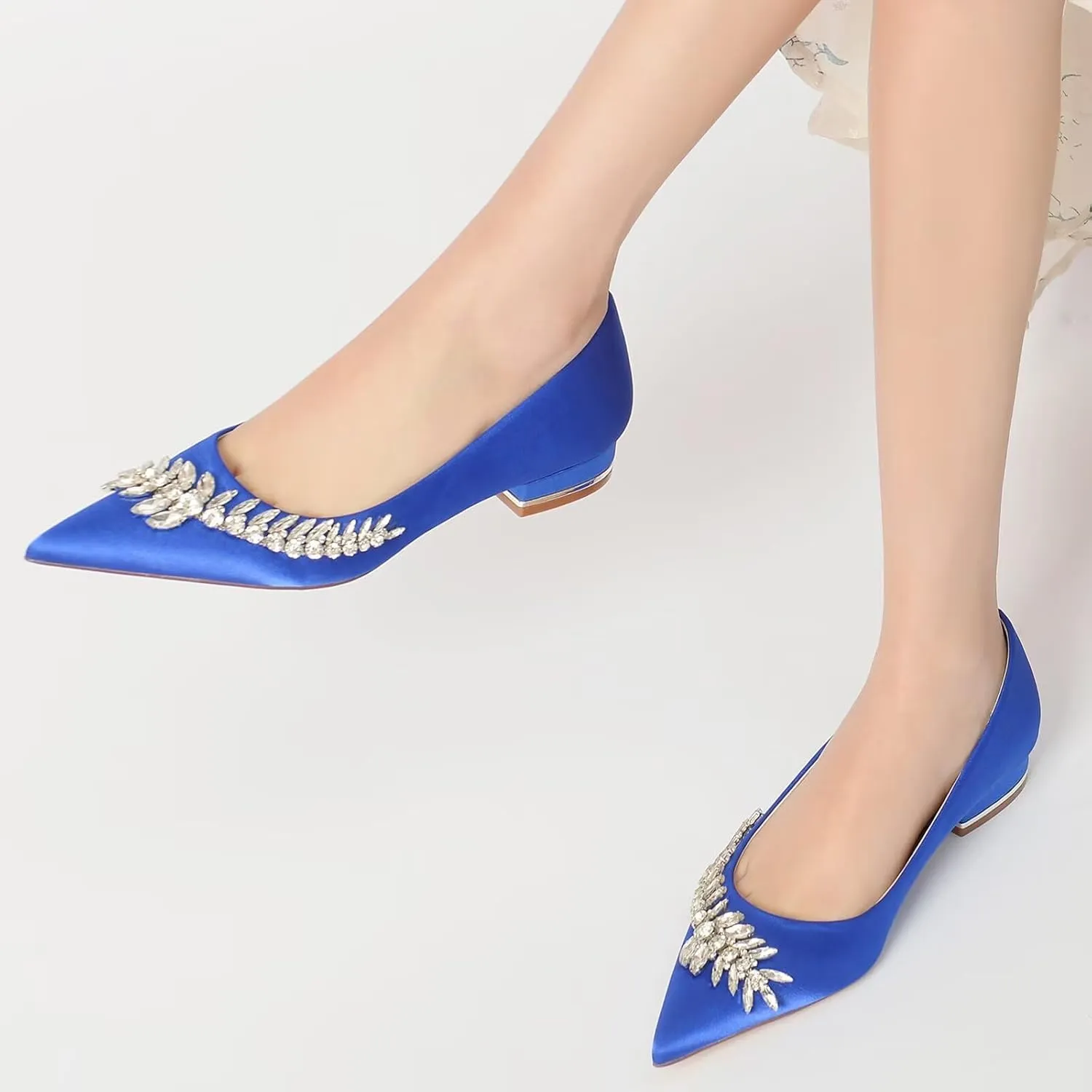 HNVAVQ Women's Wedding Flats Shoes Pointed Toe Comfortable Satin Bridal Shoes Formal Prom Party Dress Pumps Sandals with Rhinestone for Bride