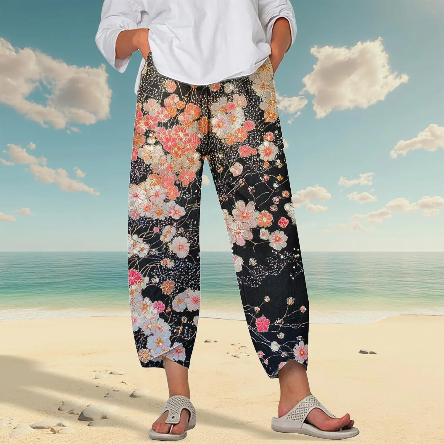 HOTYD Japanese Art Print Capri Pants for Women Elastic High Waist Cropped Pants Summer Casual Baggy Trousers with Pockets