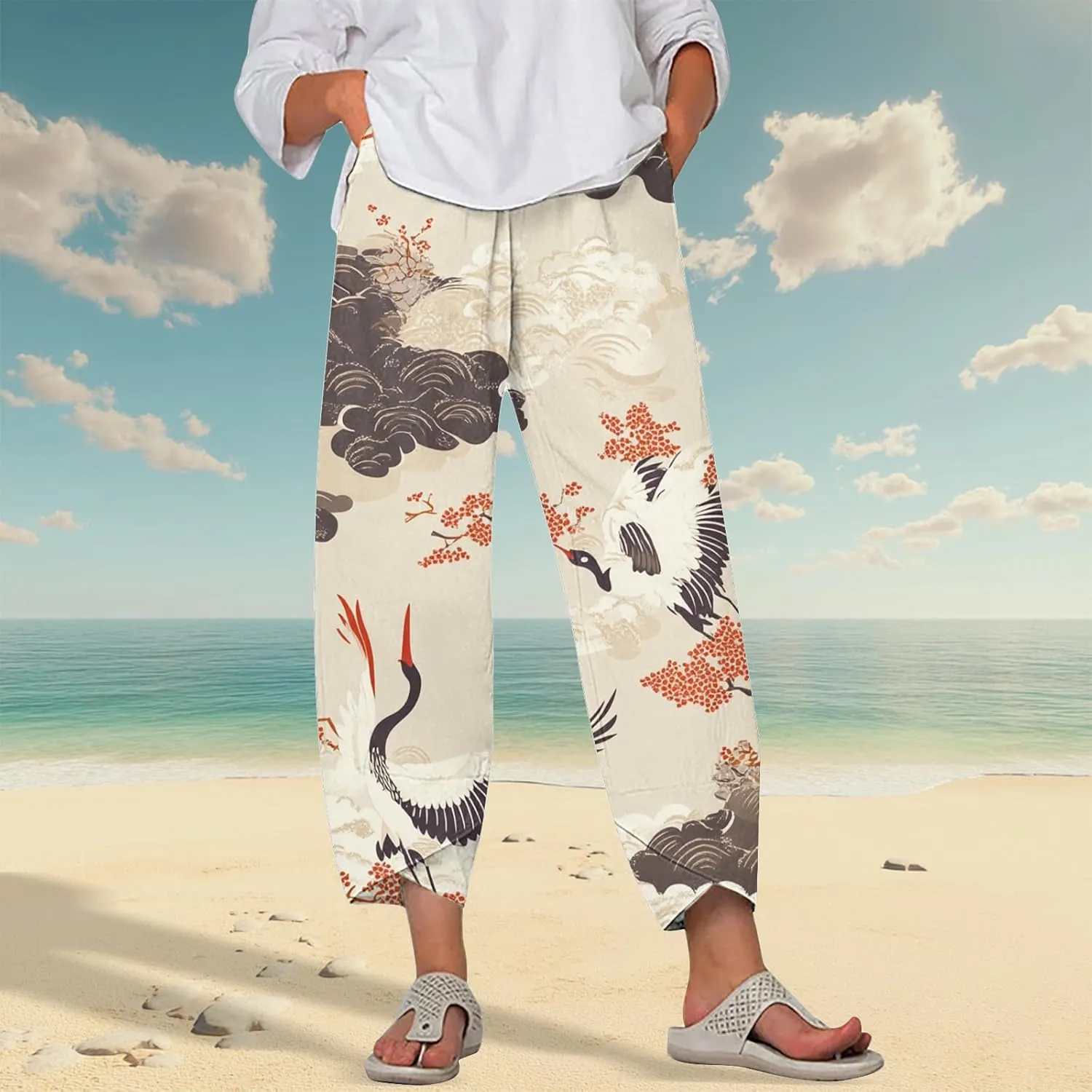 HOTYD Japanese Art Print Capri Pants for Women Elastic High Waist Cropped Pants Summer Casual Baggy Trousers with Pockets