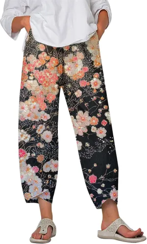 HOTYD Japanese Art Print Capri Pants for Women Elastic High Waist Cropped Pants Summer Casual Baggy Trousers with Pockets