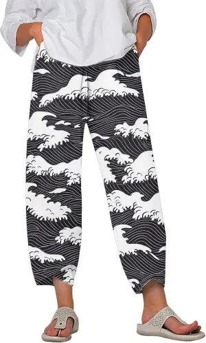 HOTYD Japanese Art Print Capri Pants for Women Elastic High Waist Cropped Pants Summer Casual Baggy Trousers with Pockets