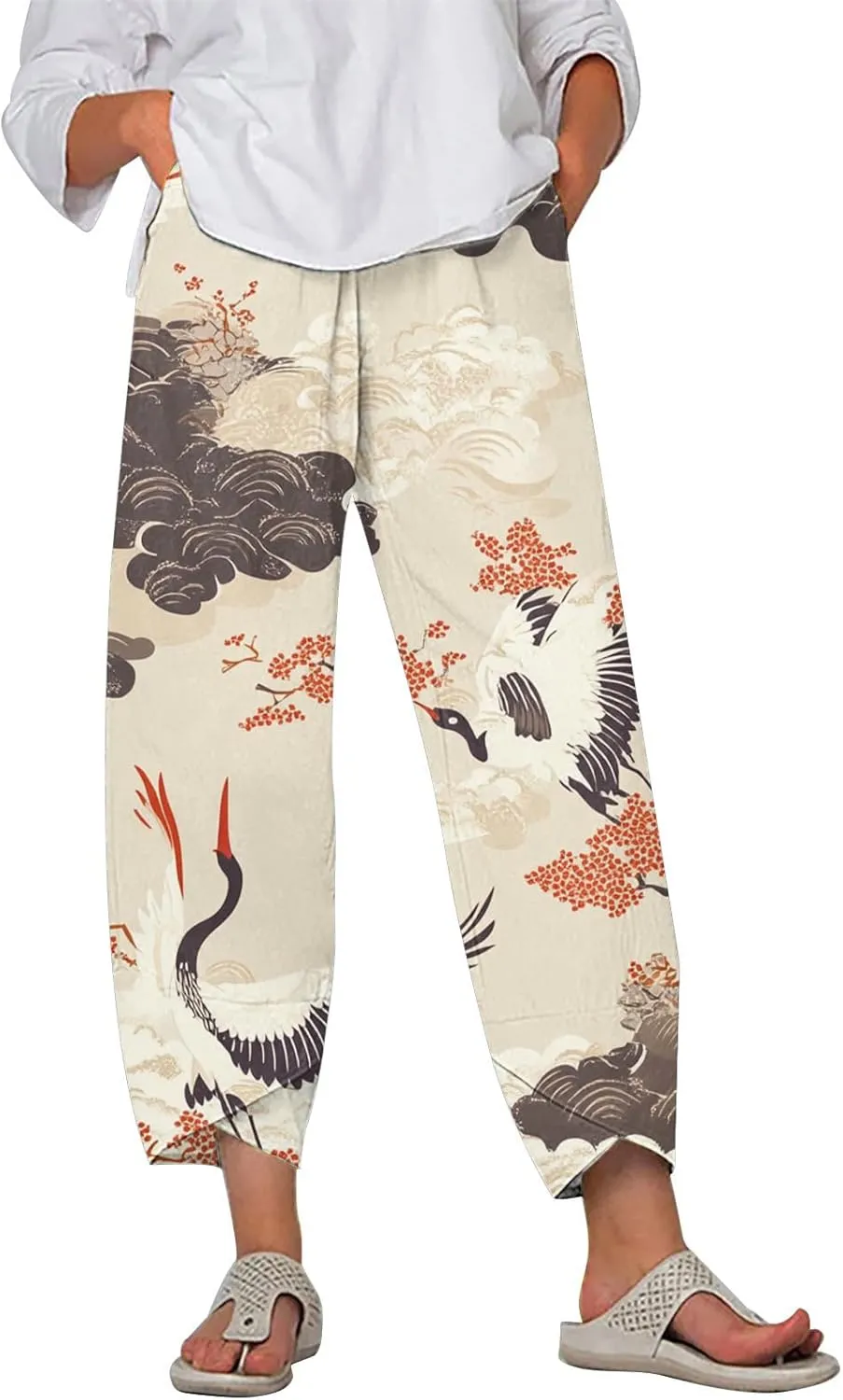 HOTYD Japanese Art Print Capri Pants for Women Elastic High Waist Cropped Pants Summer Casual Baggy Trousers with Pockets