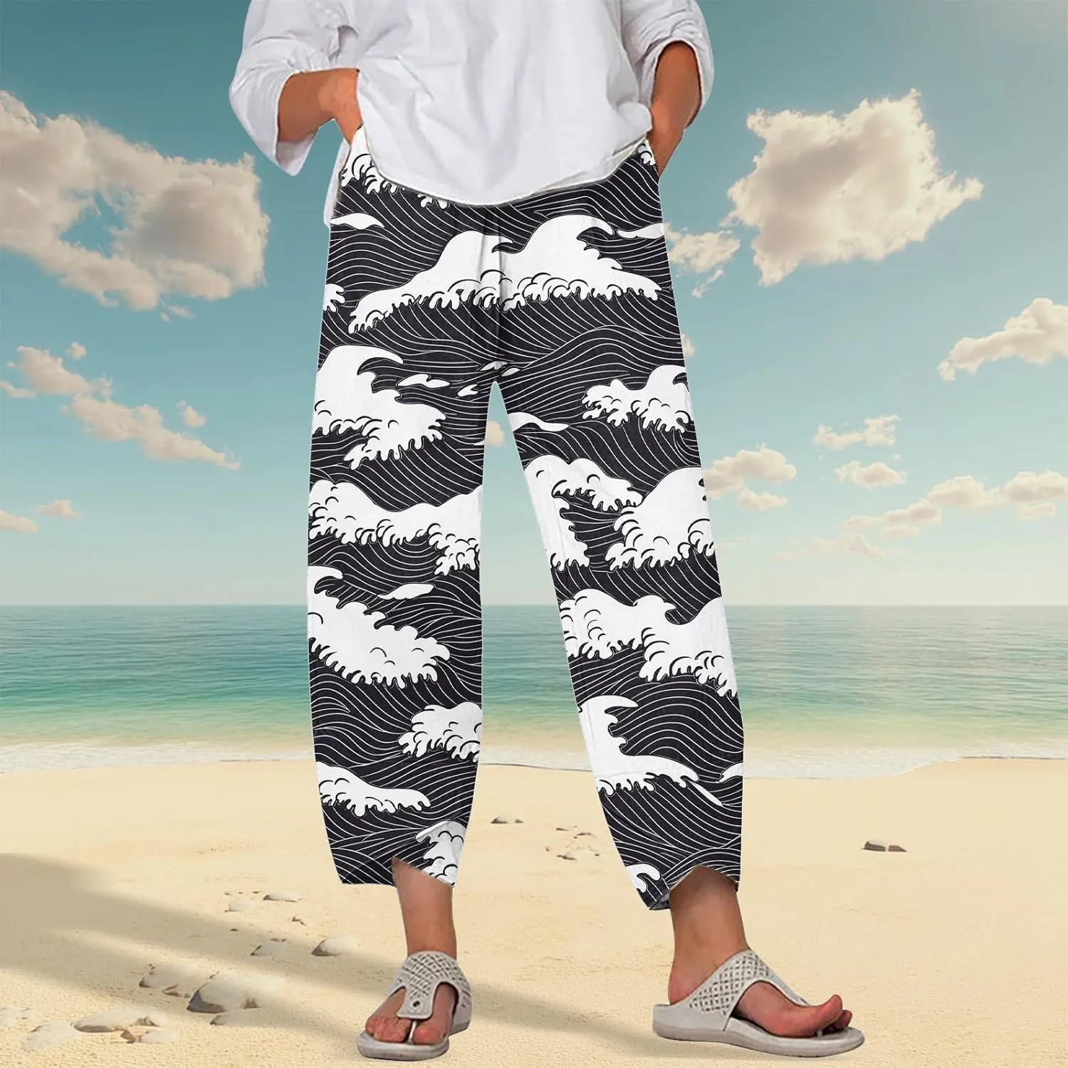 HOTYD Japanese Art Print Capri Pants for Women Elastic High Waist Cropped Pants Summer Casual Baggy Trousers with Pockets